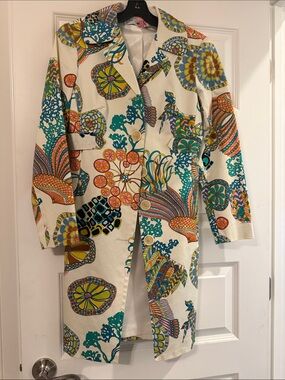 Colorful Floral Print Long Jacket Coat - White Multi